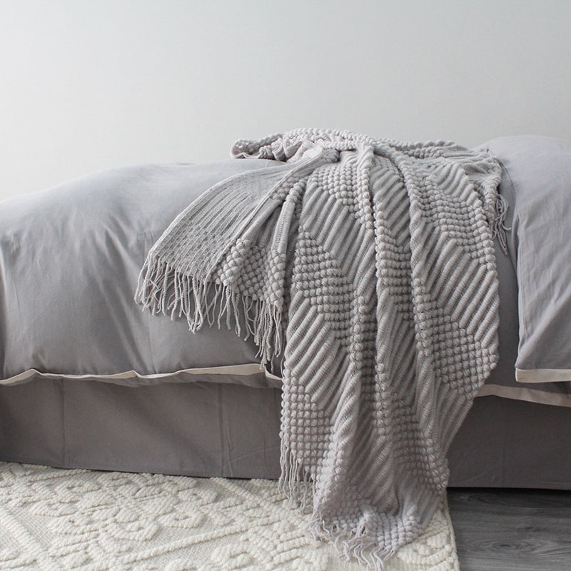 Chunky Knit Throw Blanket with Popcorn Texture and Fringed Edges for Sofa Electric - Image 7
