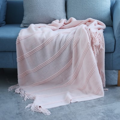 Chunky Knit Throw Blanket with Textured Stripes and Fringe Trim Soft Sofa Size Plush - Image 1