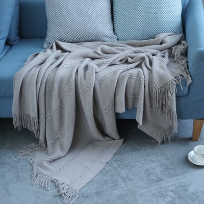 Chunky Knit Throw Blanket with Textured Stripes and Fringe Trim Soft Sofa Size Plush - Image 2
