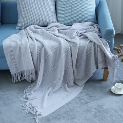 Chunky Knit Throw Blanket with Textured Stripes and Fringe Trim Soft Sofa Size Plush - Image 3