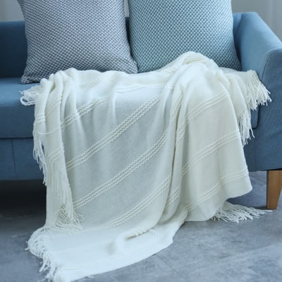 Chunky Knit Throw Blanket with Textured Stripes and Fringe Trim Soft Sofa Size Plush - Image 4