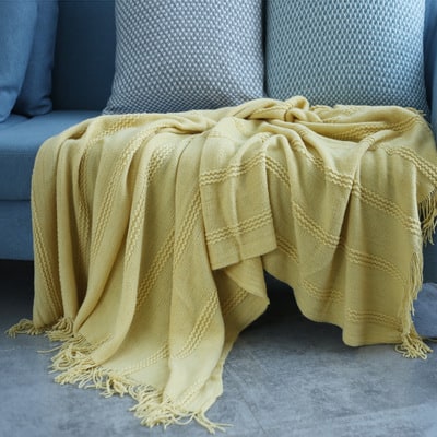 Chunky Knit Throw Blanket with Textured Stripes and Fringe Trim Soft Sofa Size Plush - Image 5