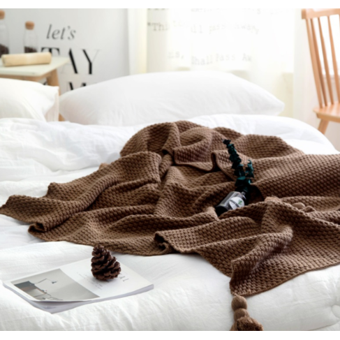Chunky Knit Throw Blanket with Yarn Texture and Corner Tassels for Sofa - Image 1