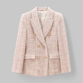 Classic Double-Breasted Pink Tweed Blazer with Gold Button Detail — model wearing