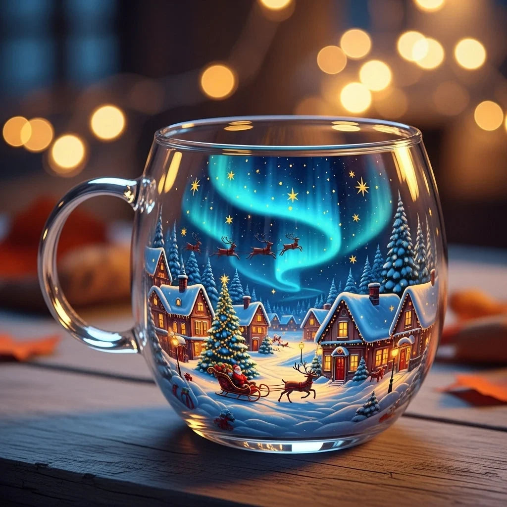 Coffee Mug with Glass Construction and Festive Holiday Illustrations - Image 1