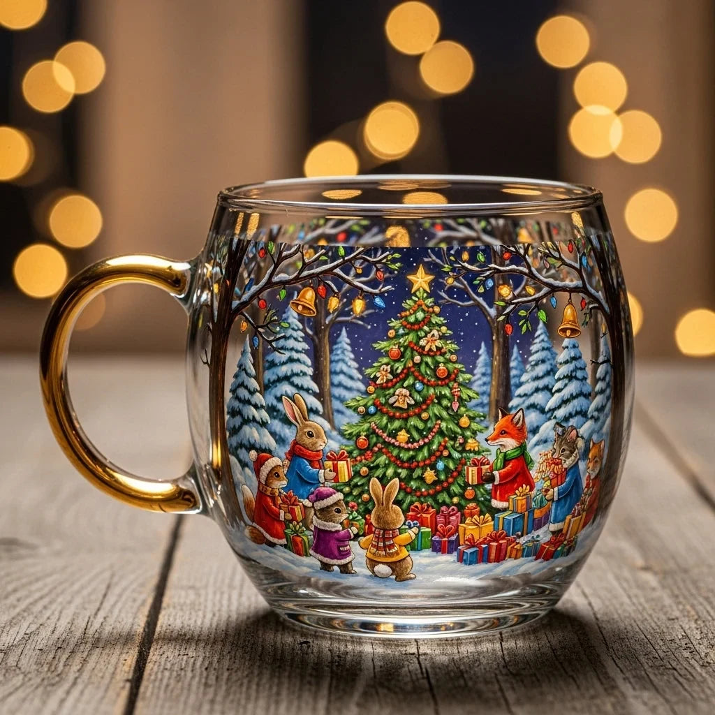 Coffee Mug with Glass Construction and Festive Holiday Illustrations - Image 2