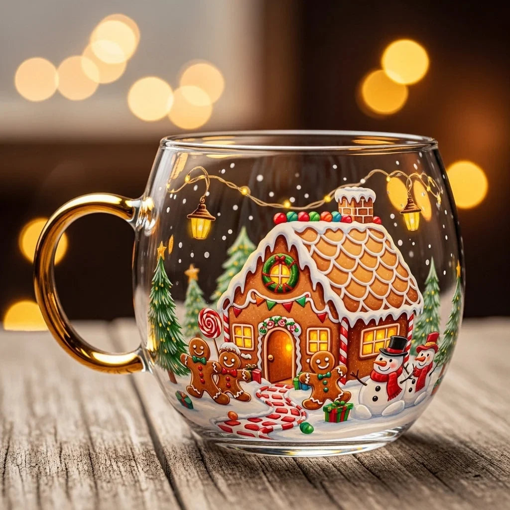 Coffee Mug with Glass Construction and Festive Holiday Illustrations - Image 3