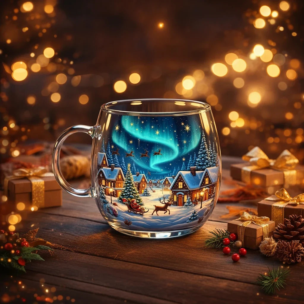 Coffee Mug with Glass Construction and Festive Holiday Illustrations - Image 4