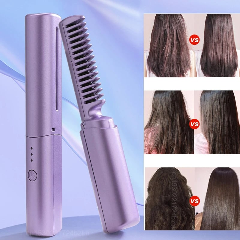 Cordless Hair Straightener Brush Straightening Comb Portable Ceramic LED Heated - Image 1