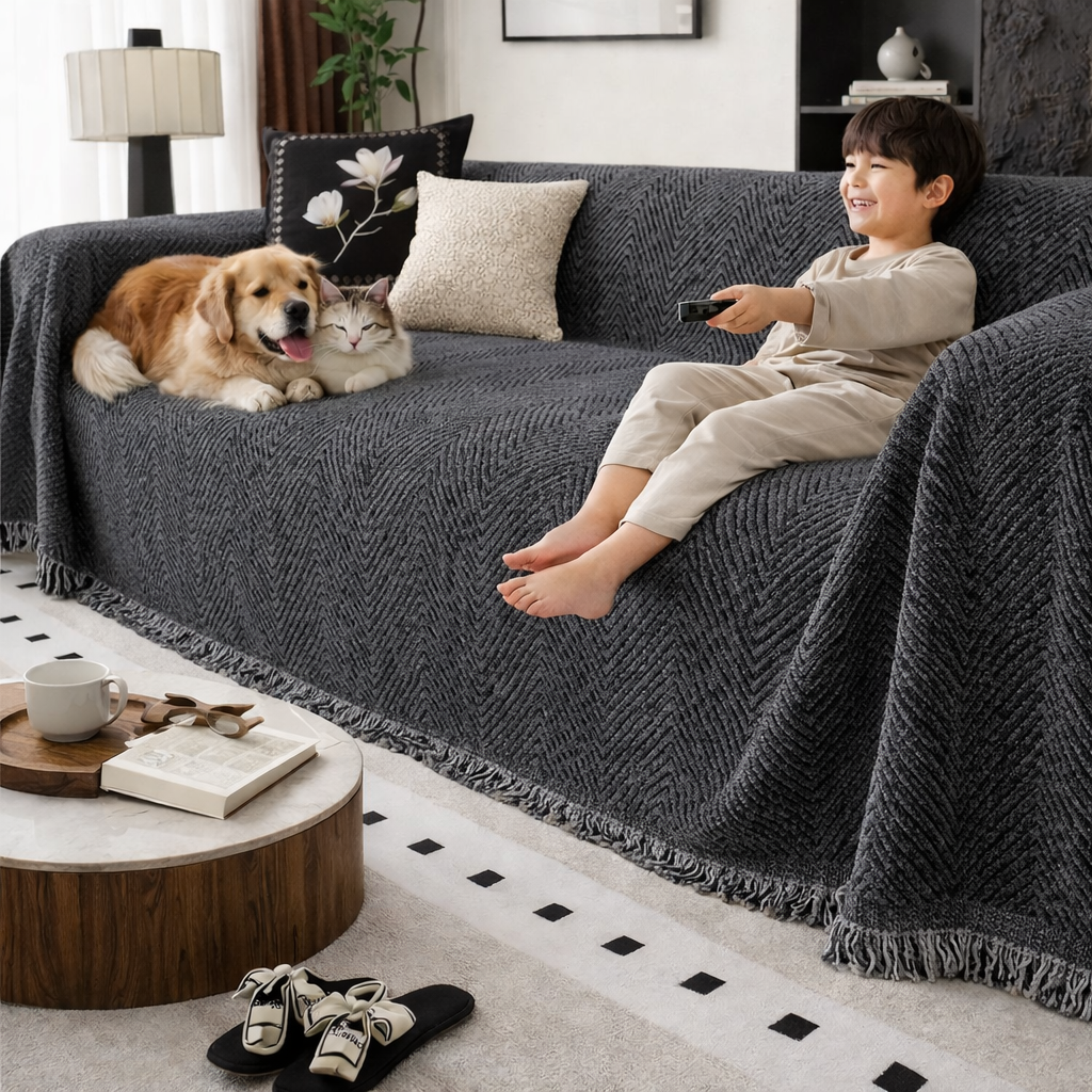 Couch Cover Throw Blanket Sofa Herringbone Woven Fringe Pets Non-slip Protector - Image 3