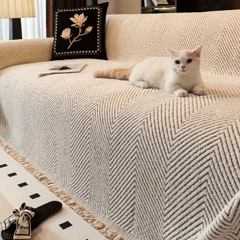 Couch Cover Throw Blanket Sofa Herringbone Woven Fringe Pets Non-slip Protector - Image 5