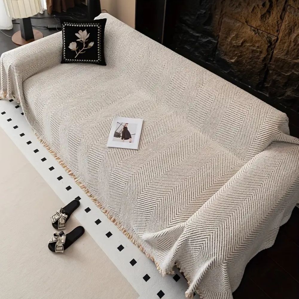 Couch Cover Throw Blanket Sofa Herringbone Woven Fringe Pets Non-slip Protector - Image 7