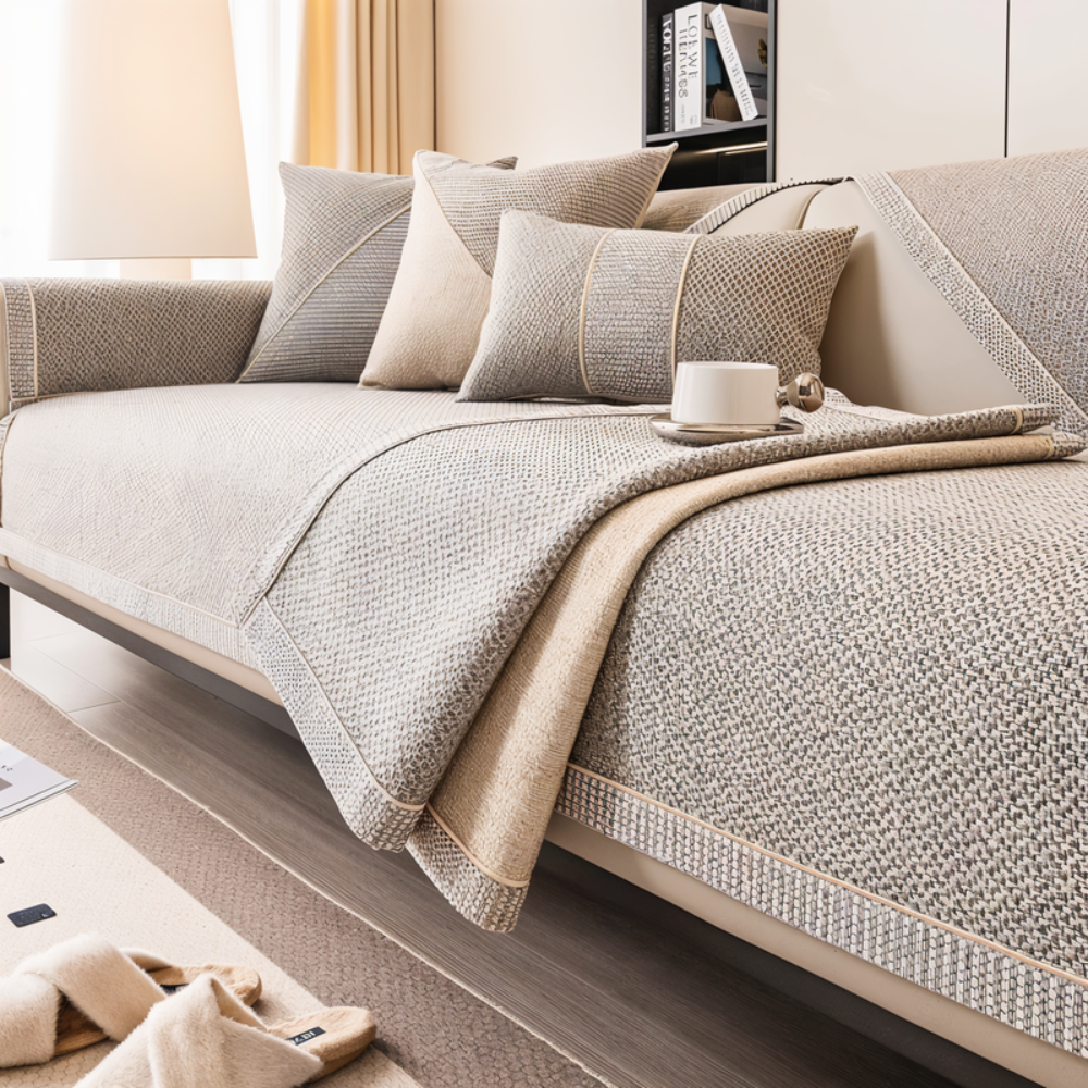Couch Cover with Non-Slip Backing and Woven Textured Fabric for Sectional Sofas - Image 1