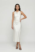 Cowl Neck Ruched Satin Midi Dress for Women