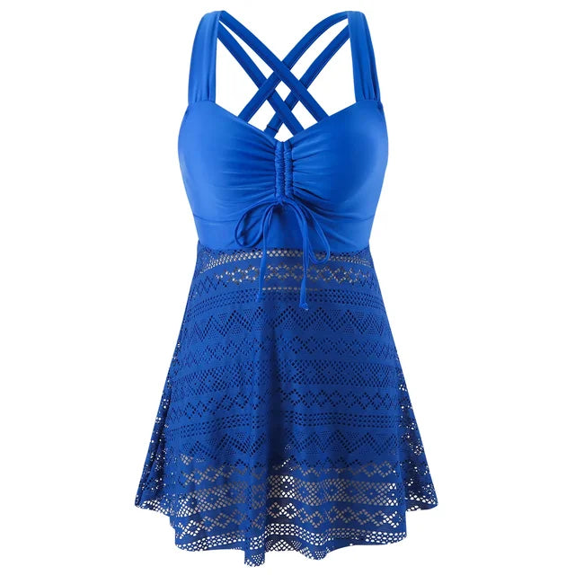 Crochet Lace Skirted Swim Dress Tankini for Women — back view