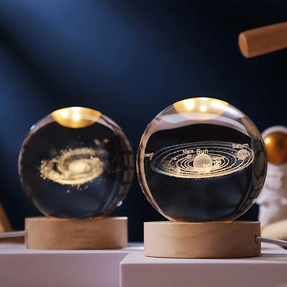 Crystal Ball Night Light LED Wooden Base Glass 3D Laser Engraved Gift - Image 1