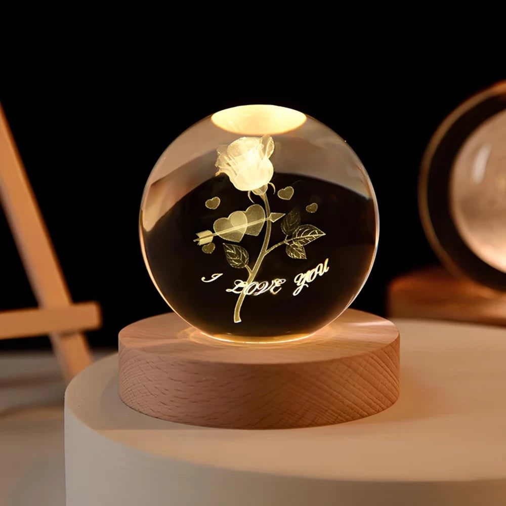 Crystal Ball Night Light LED Wooden Base Glass 3D Laser Engraved Gift - Image 21