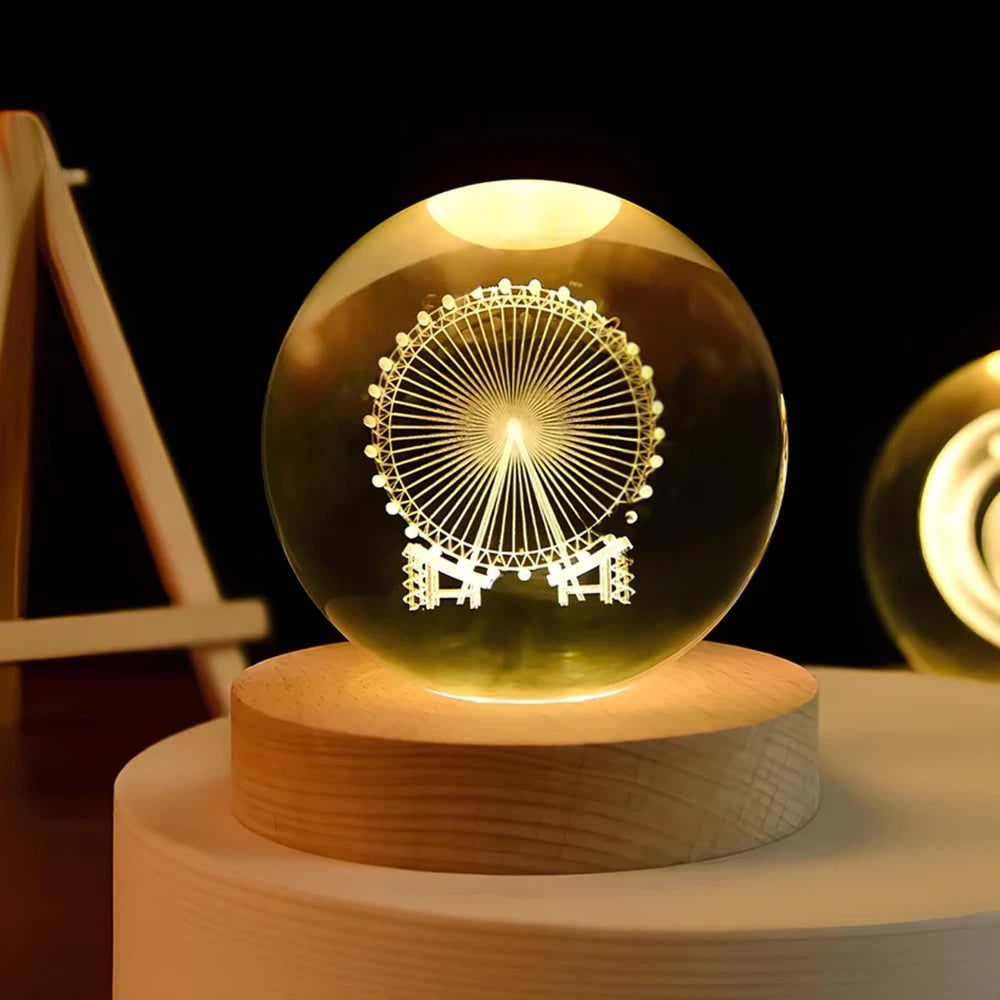 Crystal Ball Night Light LED Wooden Base Glass 3D Laser Engraved Gift - Image 22