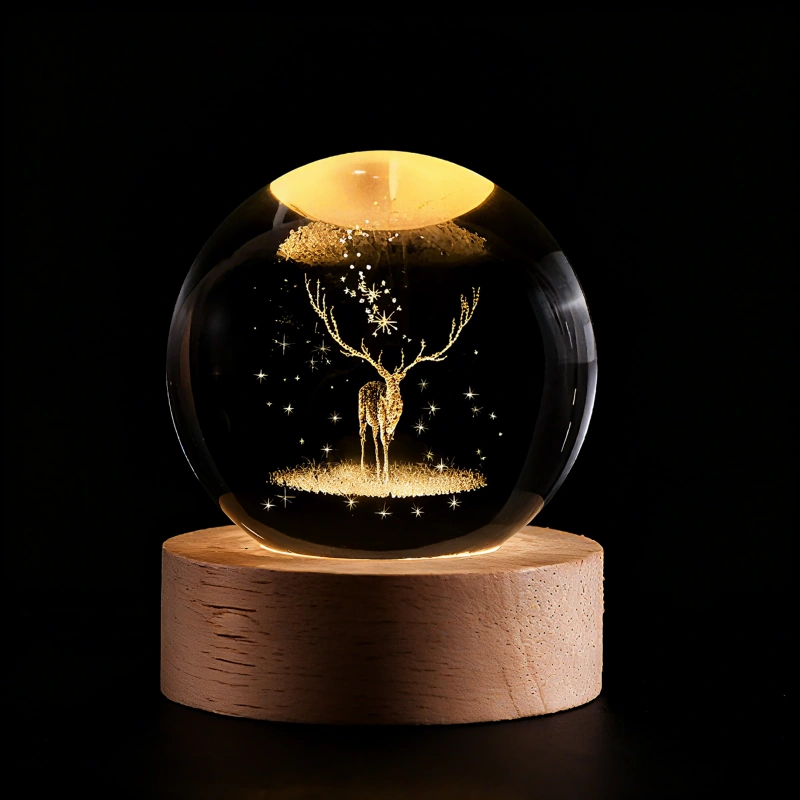 Crystal Ball Night Light LED Wooden Base Glass 3D Laser Engraved Gift - Image 23