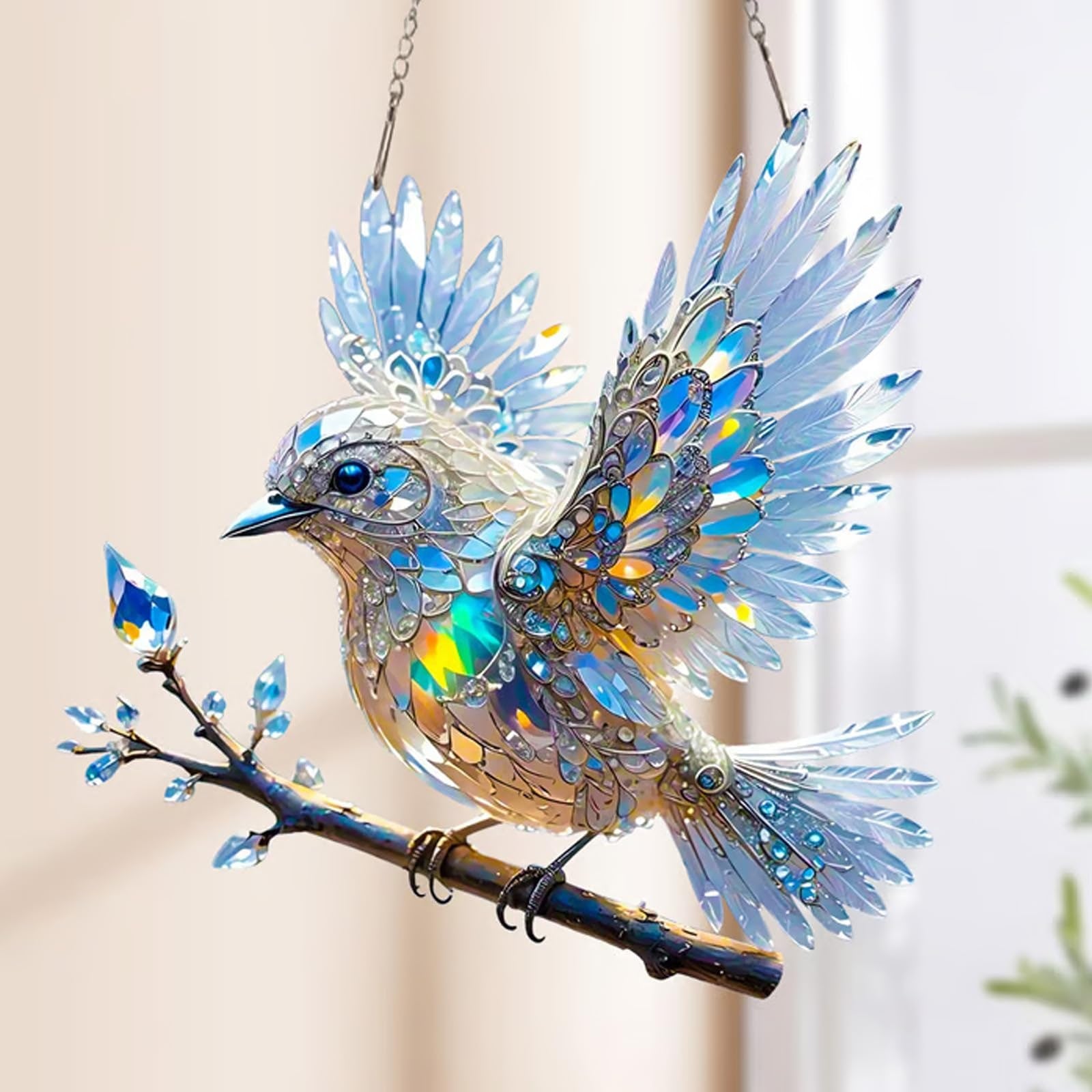 Crystal Suncatcher Bird Ornament Iridescent Rhinestone Hanging Metal Chain Window Decoration - Image 1