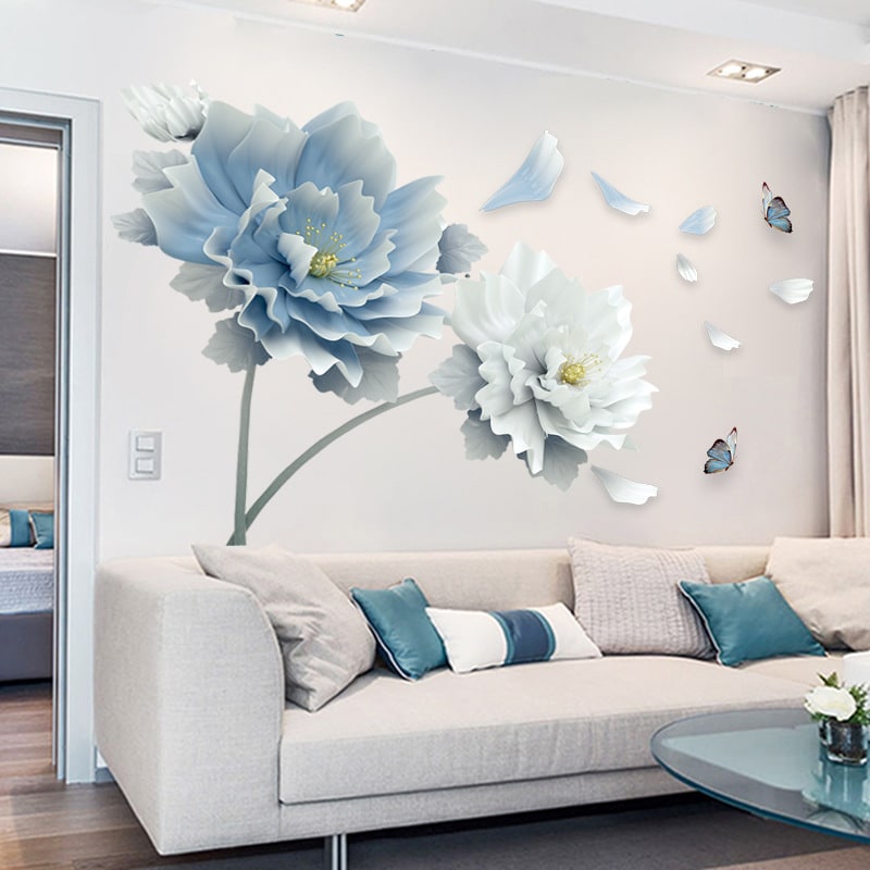 Custom Wall Decal Stickers Floral Peony with Butterfly Peel and Stick Vinyl Art Rainbow - Image 1