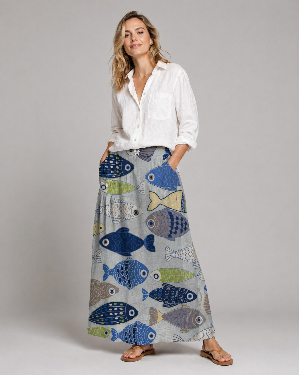 Cute Fish Pattern Pleated Pocket Skirt
