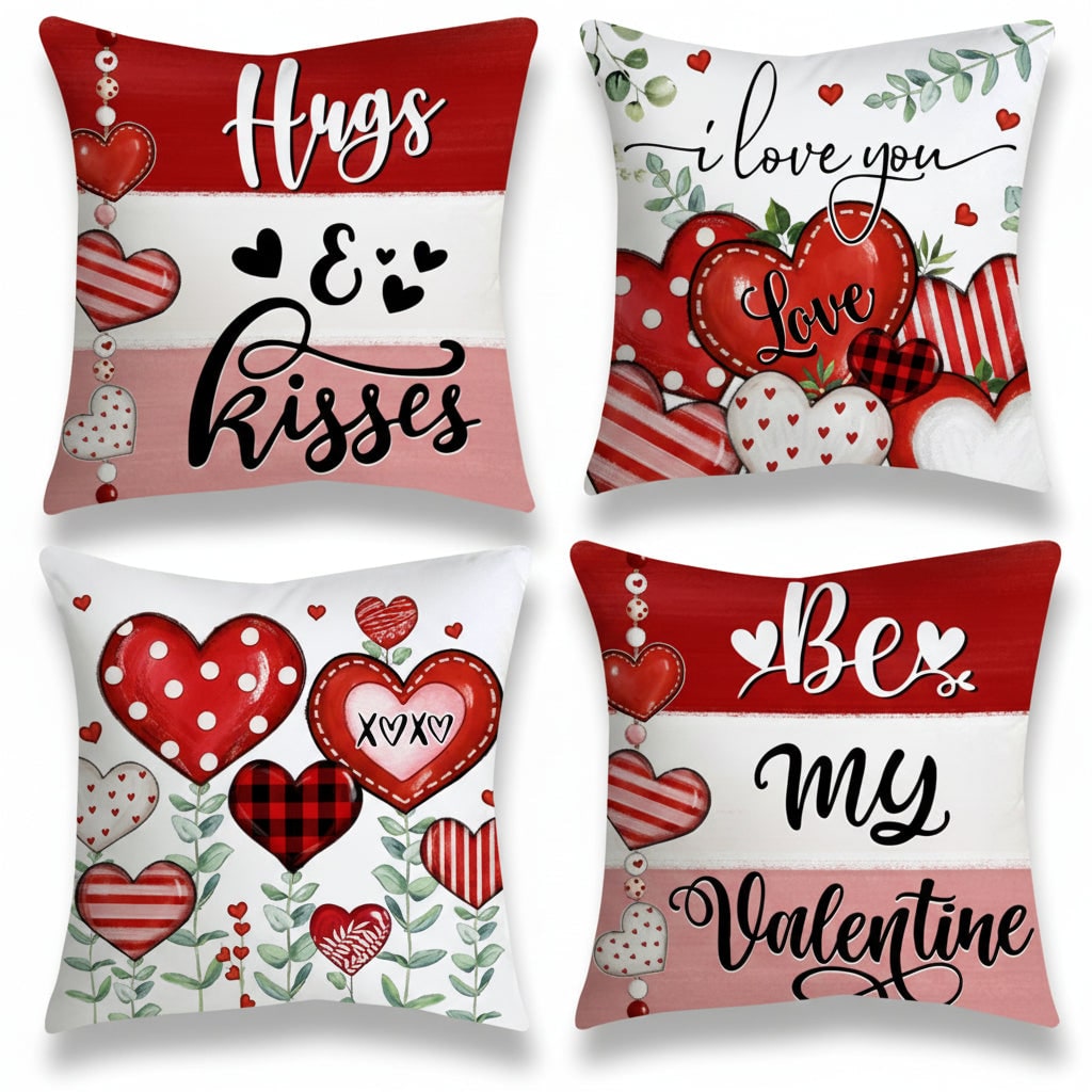 Decorative Pillow Covers Throw Sofa Valentine Heart Print 4 Pack Square Cushion Set - Image 1