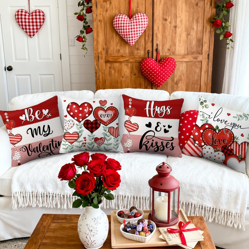 Decorative Pillow Covers Throw Sofa Valentine Heart Print 4 Pack Square Cushion Set - Image 2