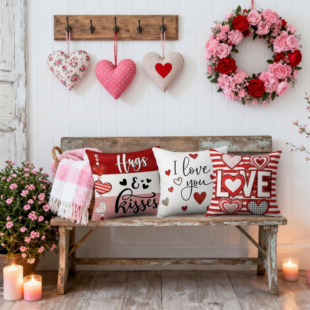 Decorative Pillow Covers Throw Sofa Valentine Heart Print 4 Pack Square Cushion Set - Image 4