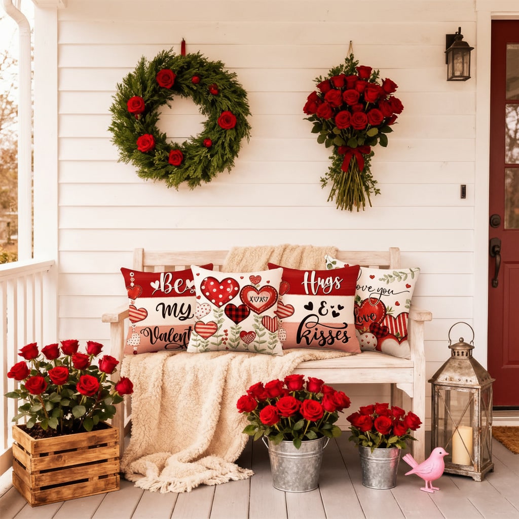 Decorative Pillow Covers Throw Sofa Valentine Heart Print 4 Pack Square Cushion Set - Image 5