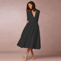 Deep V-Neck Fit-and-Flare Mid-Length Dress with Half Sleeves and Side Pockets — close-up