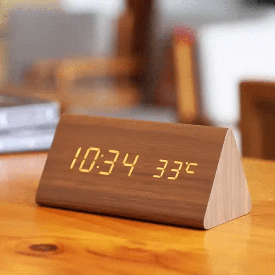Digital Alarm Clock LED Temperature Display Wood Grain Wooden - Image 1