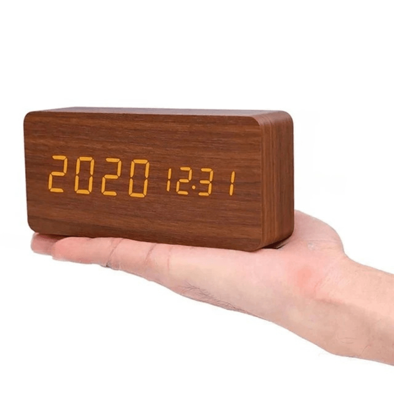 Digital Alarm Clock LED Temperature Display Wood Grain Wooden - Image 10