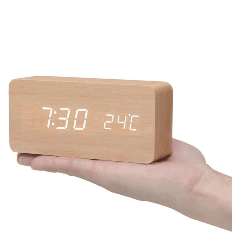 Digital Alarm Clock LED Temperature Display Wood Grain Wooden - Image 15