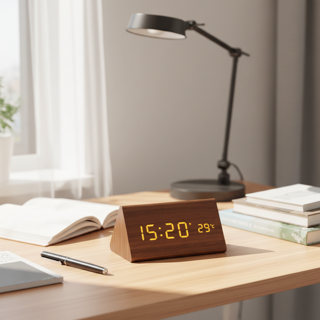 Digital Alarm Clock LED Temperature Display Wood Grain Wooden - Image 2