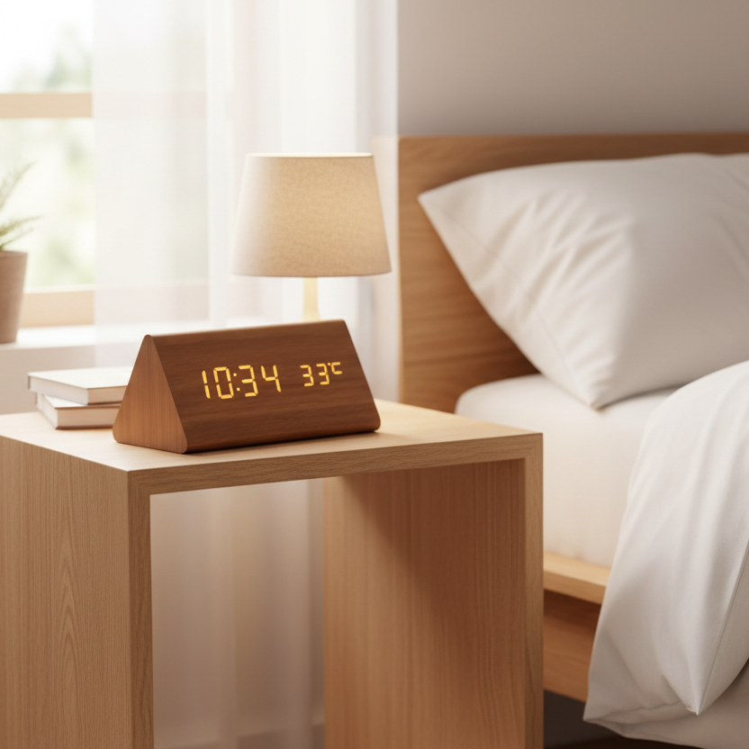 Digital Alarm Clock LED Temperature Display Wood Grain Wooden - Image 3