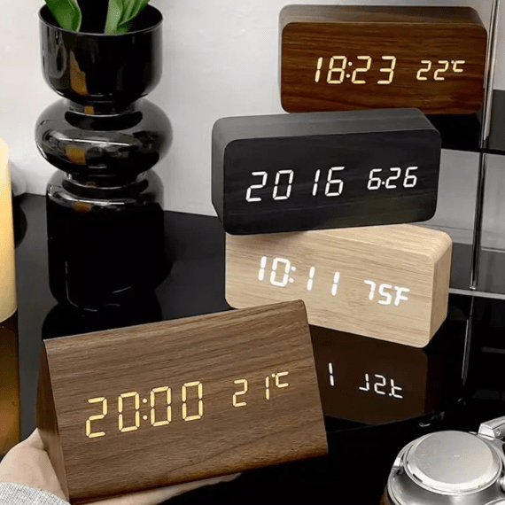 Digital Alarm Clock LED Temperature Display Wood Grain Wooden - Image 4