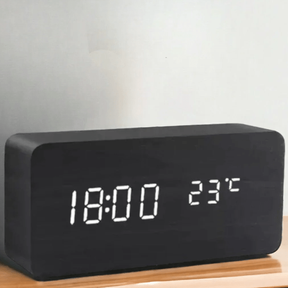 Digital Alarm Clock LED Temperature Display Wood Grain Wooden - Image 5