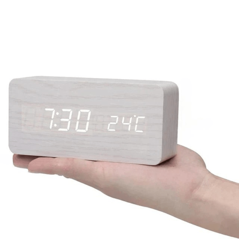 Digital Alarm Clock LED Temperature Display Wood Grain Wooden - Image 9
