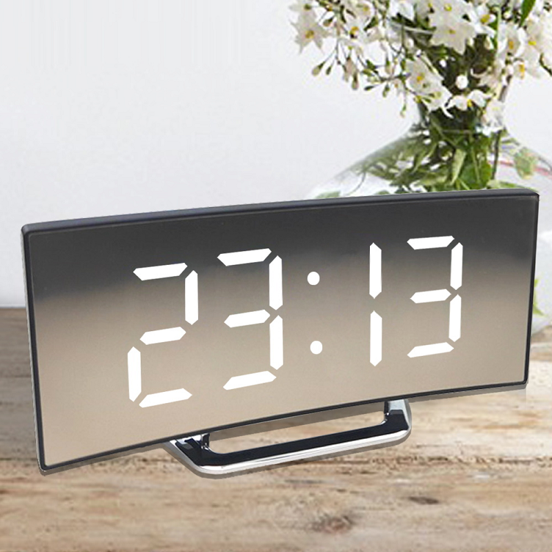 Digital Alarm Clock with Curved Mirror LED Display and Temperature Function - Image 1