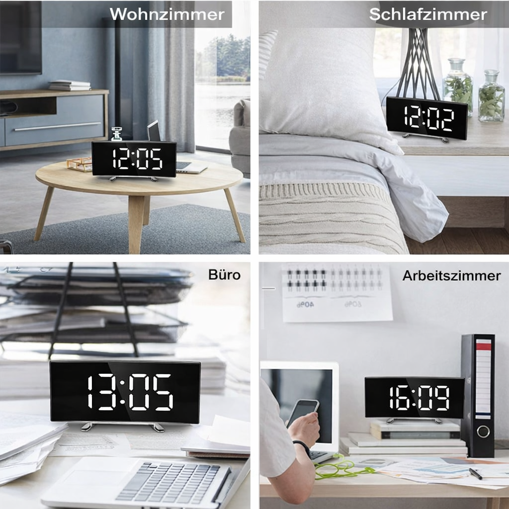 Digital Alarm Clock with Curved Mirror LED Display and Temperature Function - Image 2