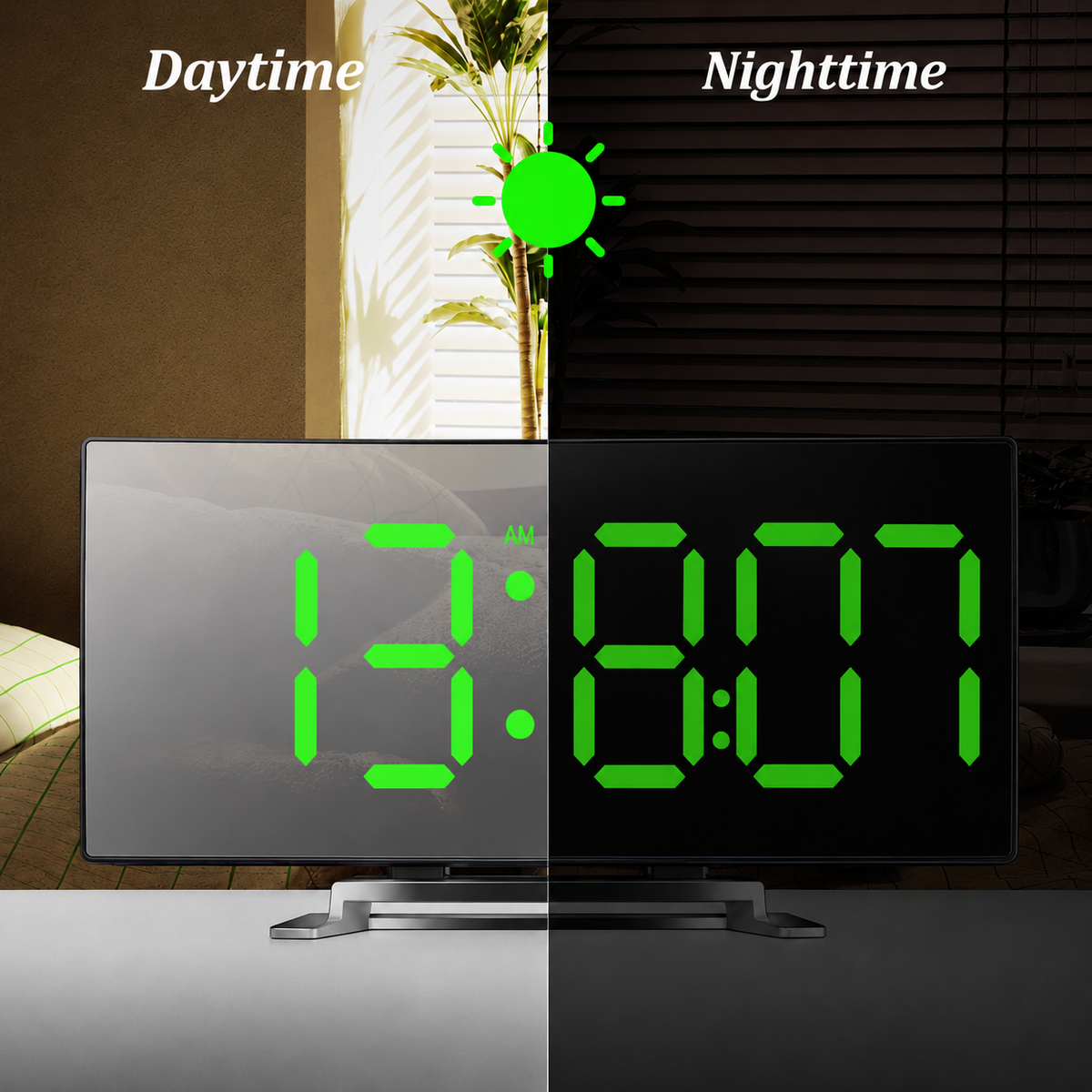 Digital Alarm Clock with Curved Mirror LED Display and Temperature Function - Image 3