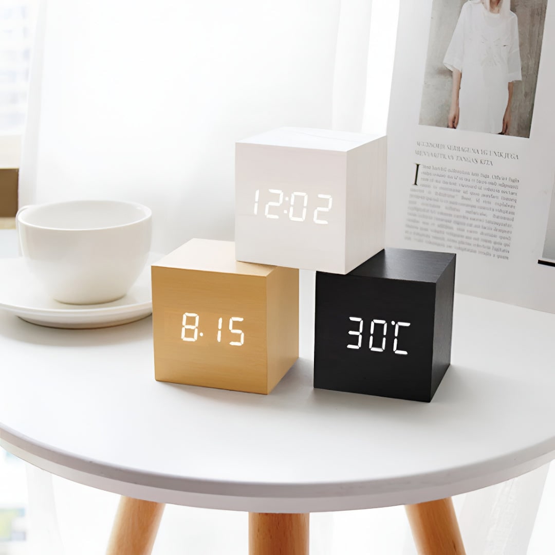 Digital Alarm Clock Wooden Cube LED Display Temperature Tabletop Desk - Image 1