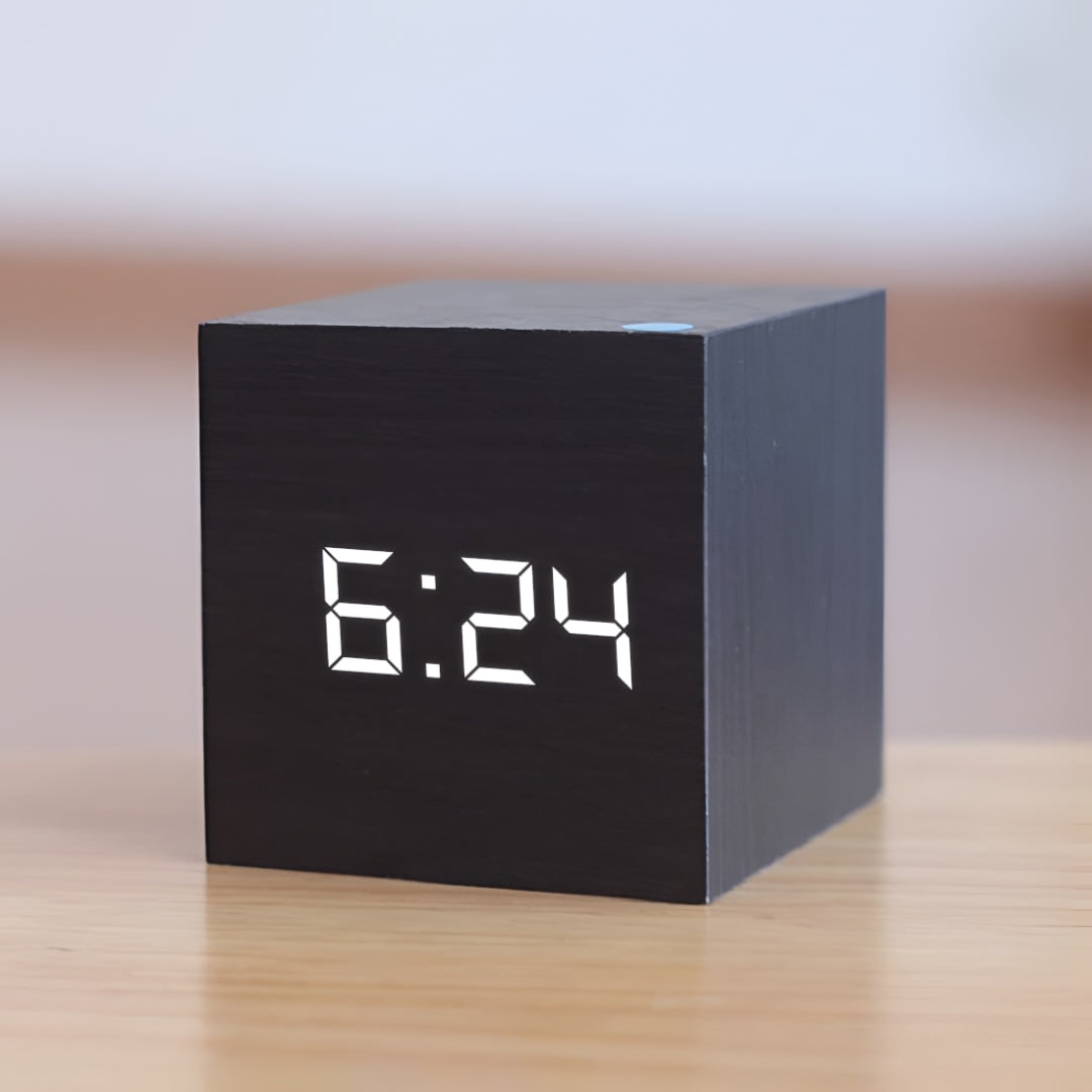 Digital Alarm Clock Wooden Cube LED Display Temperature Tabletop Desk - Image 2