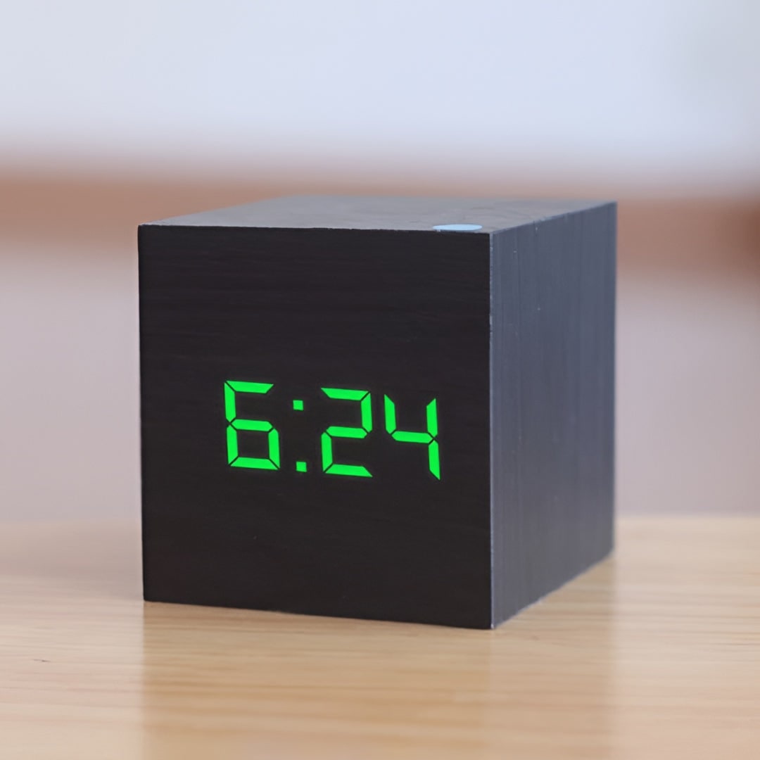 Digital Alarm Clock Wooden Cube LED Display Temperature Tabletop Desk - Image 3