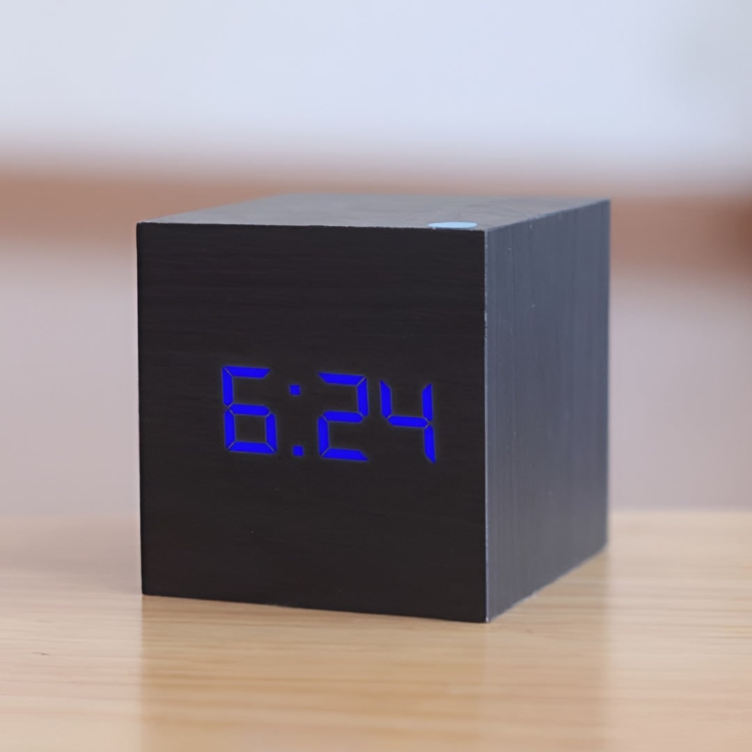 Digital Alarm Clock Wooden Cube LED Display Temperature Tabletop Desk - Image 4