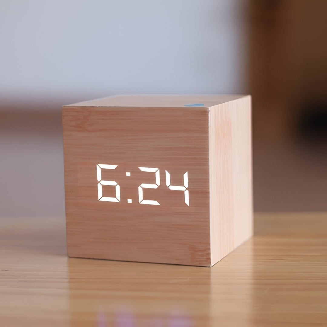 Digital Alarm Clock Wooden Cube LED Display Temperature Tabletop Desk - Image 7
