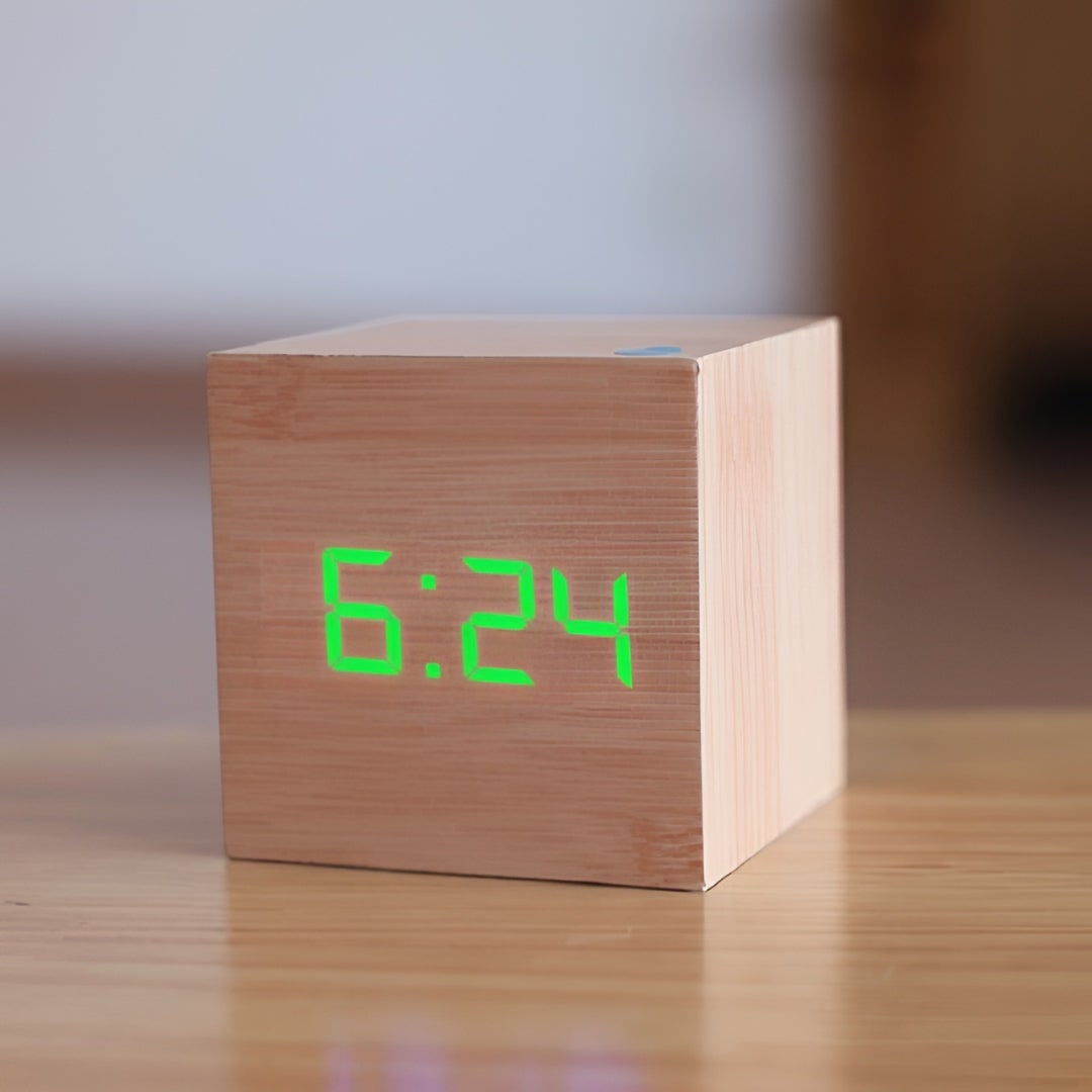 Digital Alarm Clock Wooden Cube LED Display Temperature Tabletop Desk - Image 8
