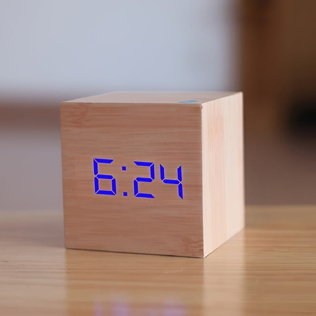 Digital Alarm Clock Wooden Cube LED Display Temperature Tabletop Desk - Image 9