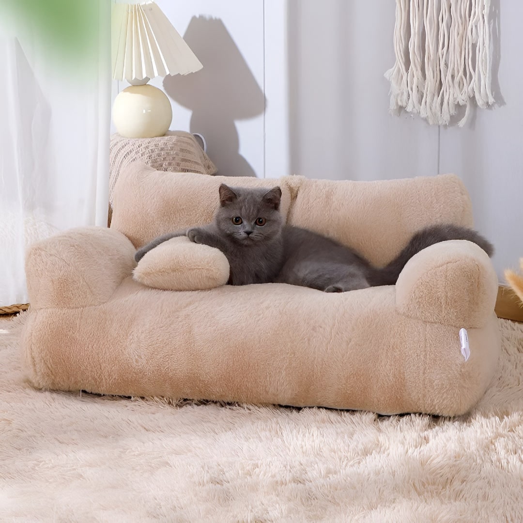 Dog Sofa Bed Pet Plush Faux Fur Padded Armrests Pillow Couch - Image 1